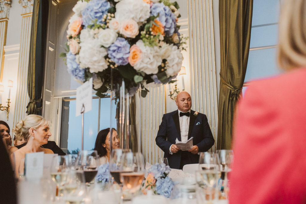 groom gives his speech during the wedding breakfast in the French Dining Room